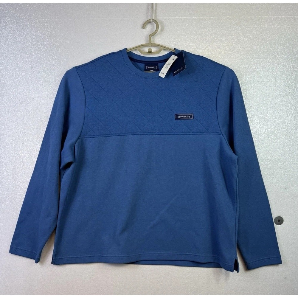 Crown & Ivy Men's Quilted Crew Neck Pullover Sz XL Sweatshirt Blue Casual
